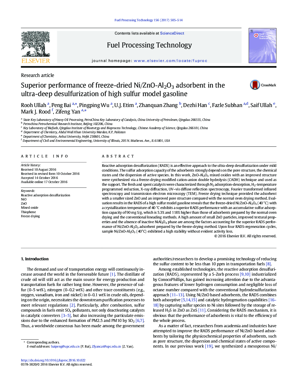 Superior performance of freeze-dried Ni/ZnO-Al2O3 adsorbent in the ultra-deep desulfurization of high sulfur model gasoline