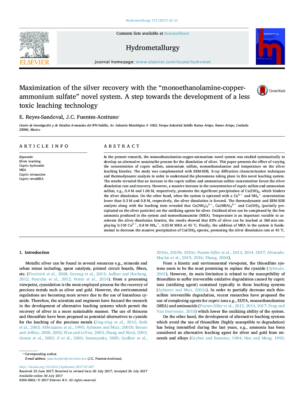 Maximization of the silver recovery with the “monoethanolamine-copper-ammonium sulfate” novel system. A step towards the development of a less toxic leaching technology