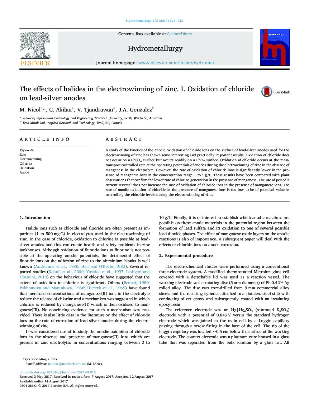 The effects of halides in the electrowinning of zinc. I. Oxidation of chloride on lead-silver anodes