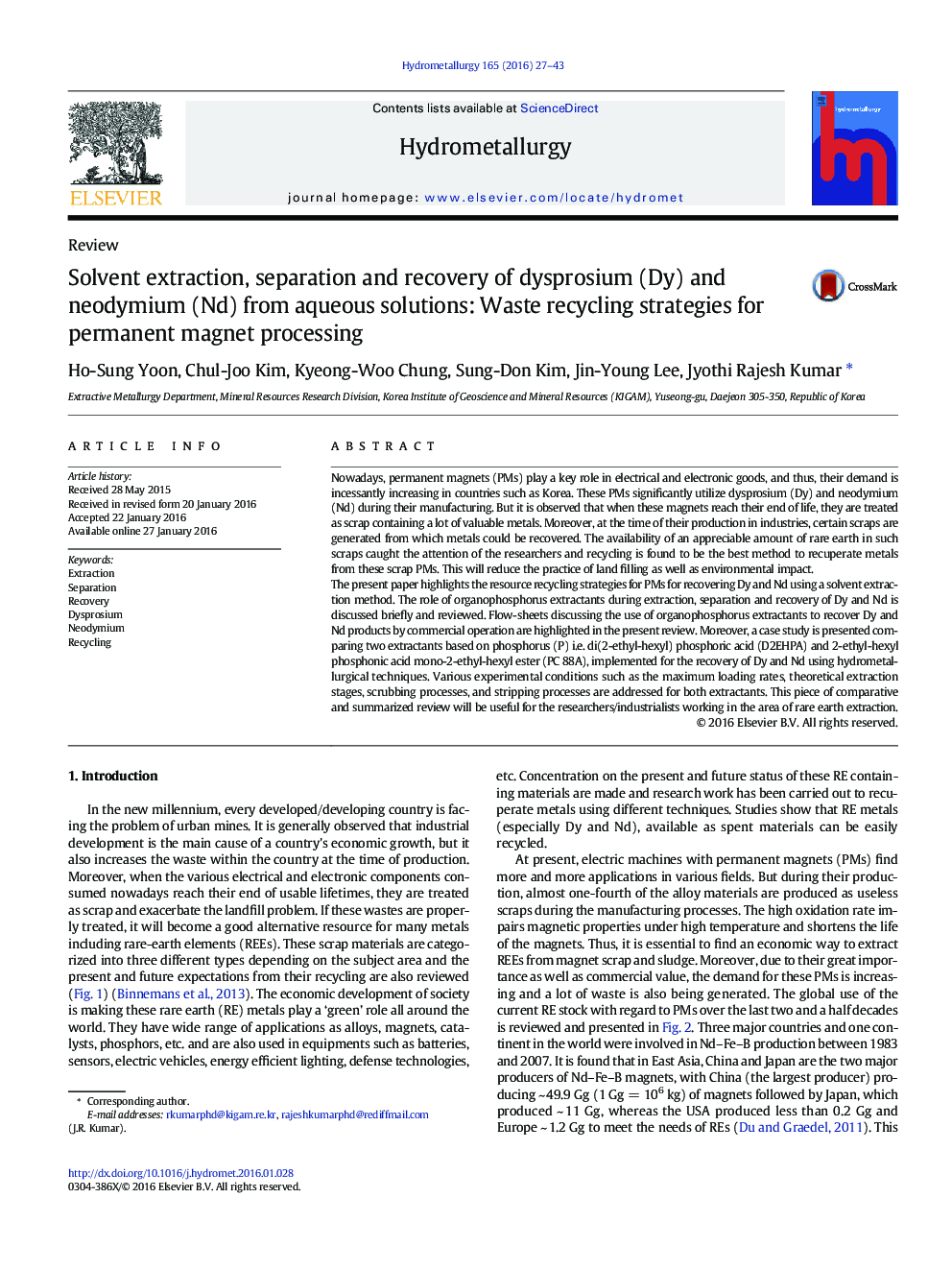 Solvent extraction, separation and recovery of dysprosium (Dy) and neodymium (Nd) from aqueous solutions: Waste recycling strategies for permanent magnet processing