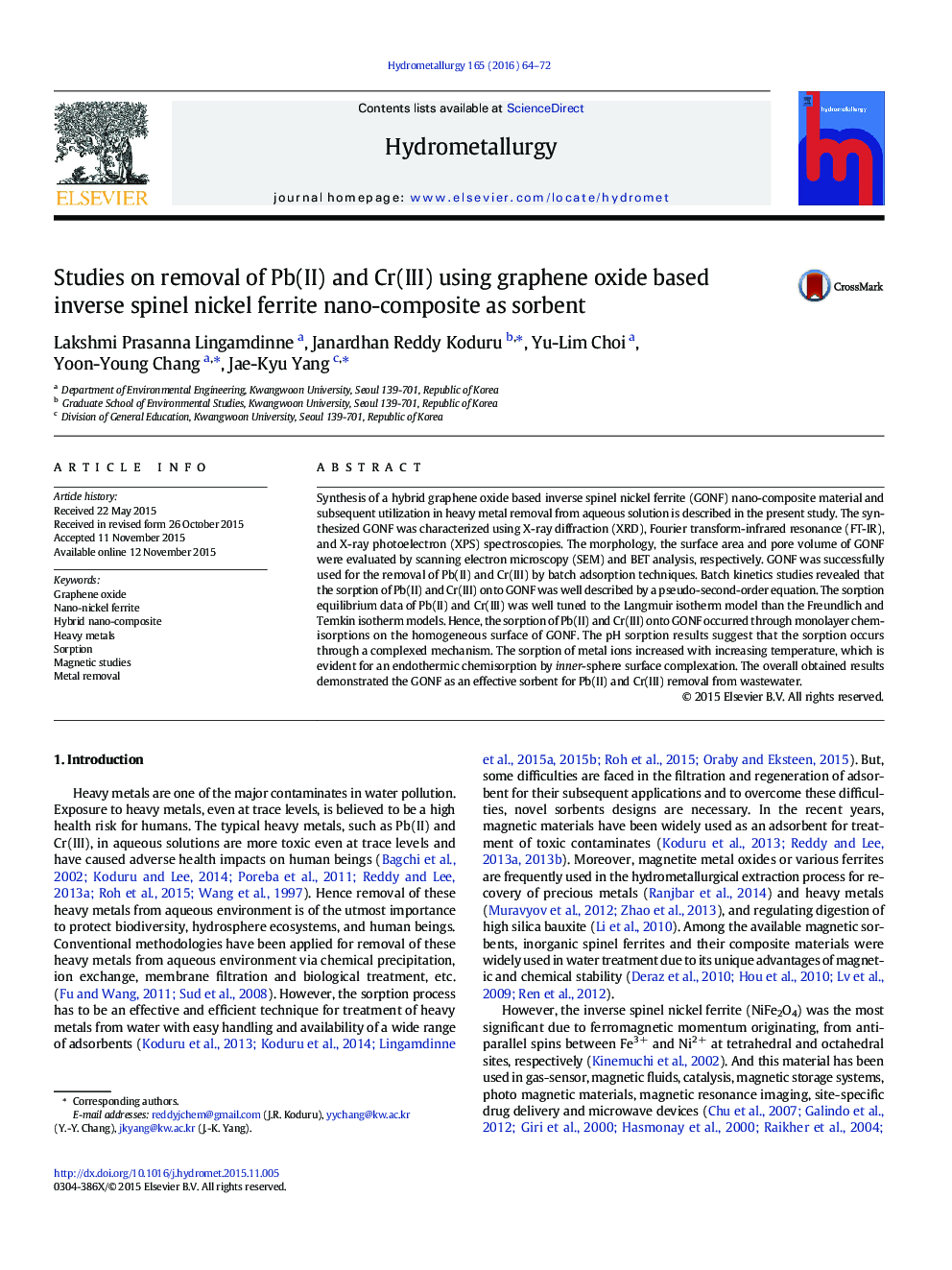 Studies on removal of Pb(II) and Cr(III) using graphene oxide based inverse spinel nickel ferrite nano-composite as sorbent