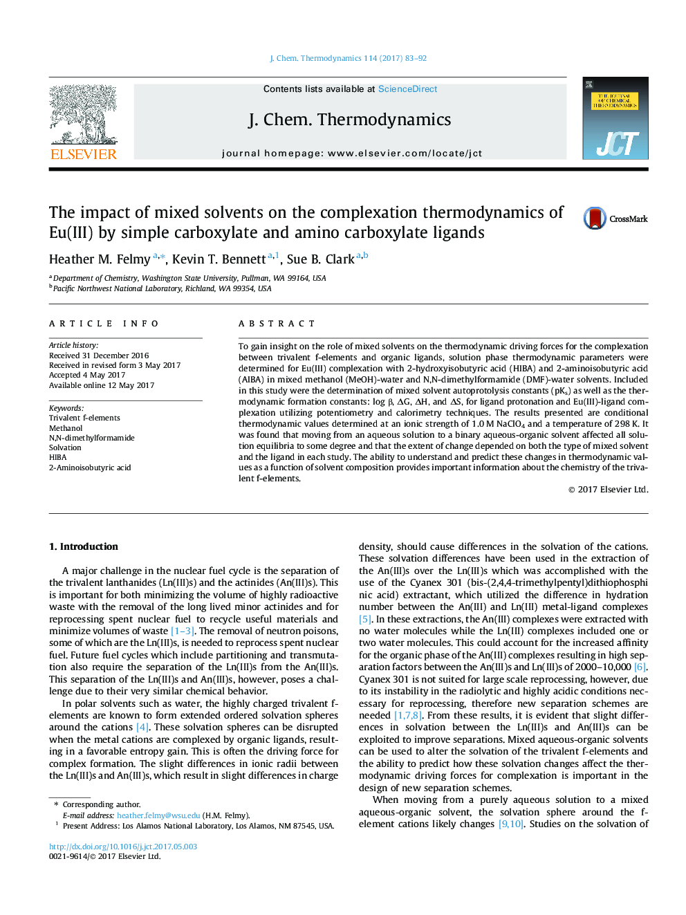 عکس صفحه اول مقاله: The impact of mixed solvents on the complexation thermodynamics of Eu(III) by simple carboxylate and amino carboxylate ligands The impact of mixed solvents on the complexation thermodynamics of Eu(III) by simple carboxylate and amino carboxylate ligands