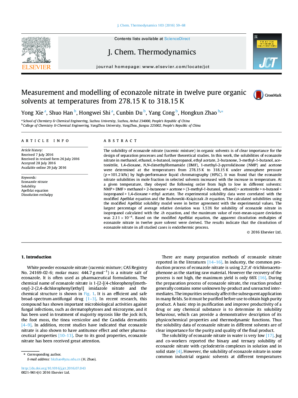 Measurement and modelling of econazole nitrate in twelve pure organic solvents at temperatures from 278.15 K to 318.15 K