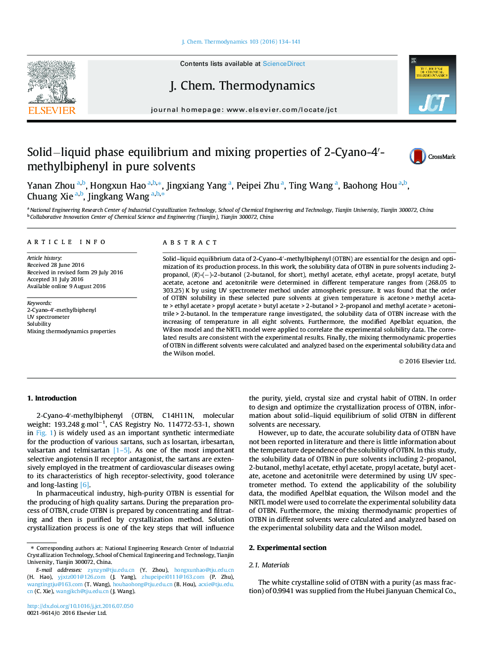 عکس صفحه اول مقاله: Solid−liquid phase equilibrium and mixing properties of 2-Cyano-4′-methylbiphenyl in pure solvents Solid−liquid phase equilibrium and mixing properties of 2-Cyano-4′-methylbiphenyl in pure solvents