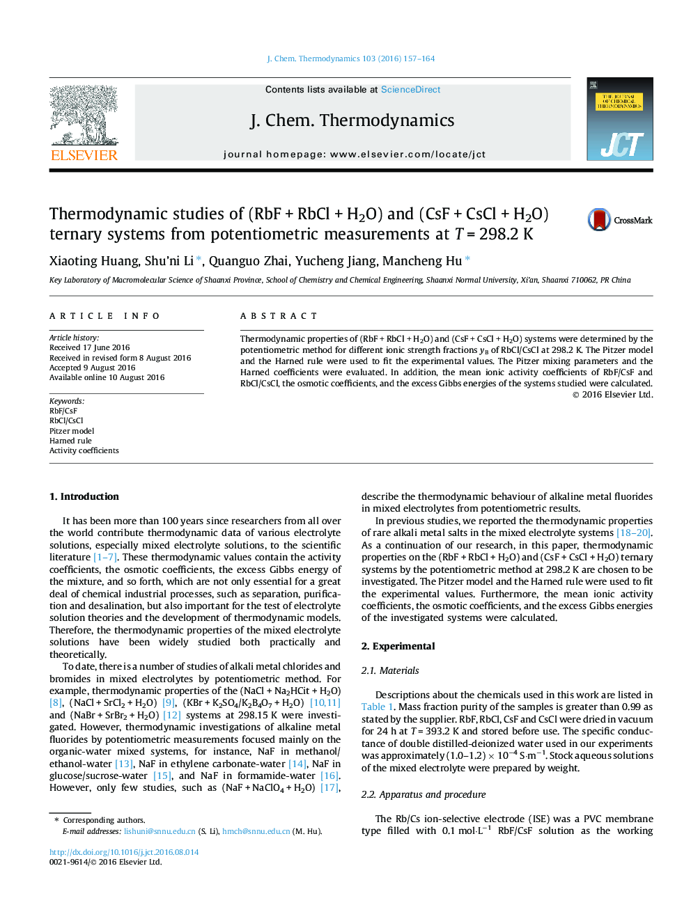عکس صفحه اول مقاله: Thermodynamic studies of (RbF + RbCl + H2O) and (CsF + CsCl + H2O) ternary systems from potentiometric measurements at T = 298.2 K Thermodynamic studies of (RbF + RbCl + H2O) and (CsF + CsCl + H2O) ternary systems from potentiometric measurements at T = 298.2 K