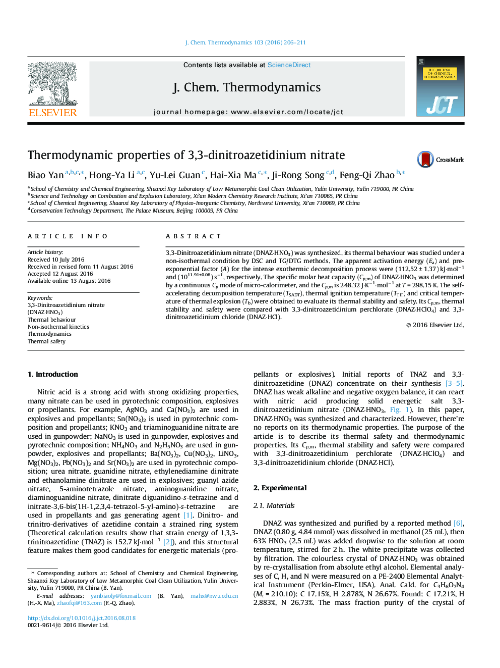 Thermodynamic properties of 3,3-dinitroazetidinium nitrate