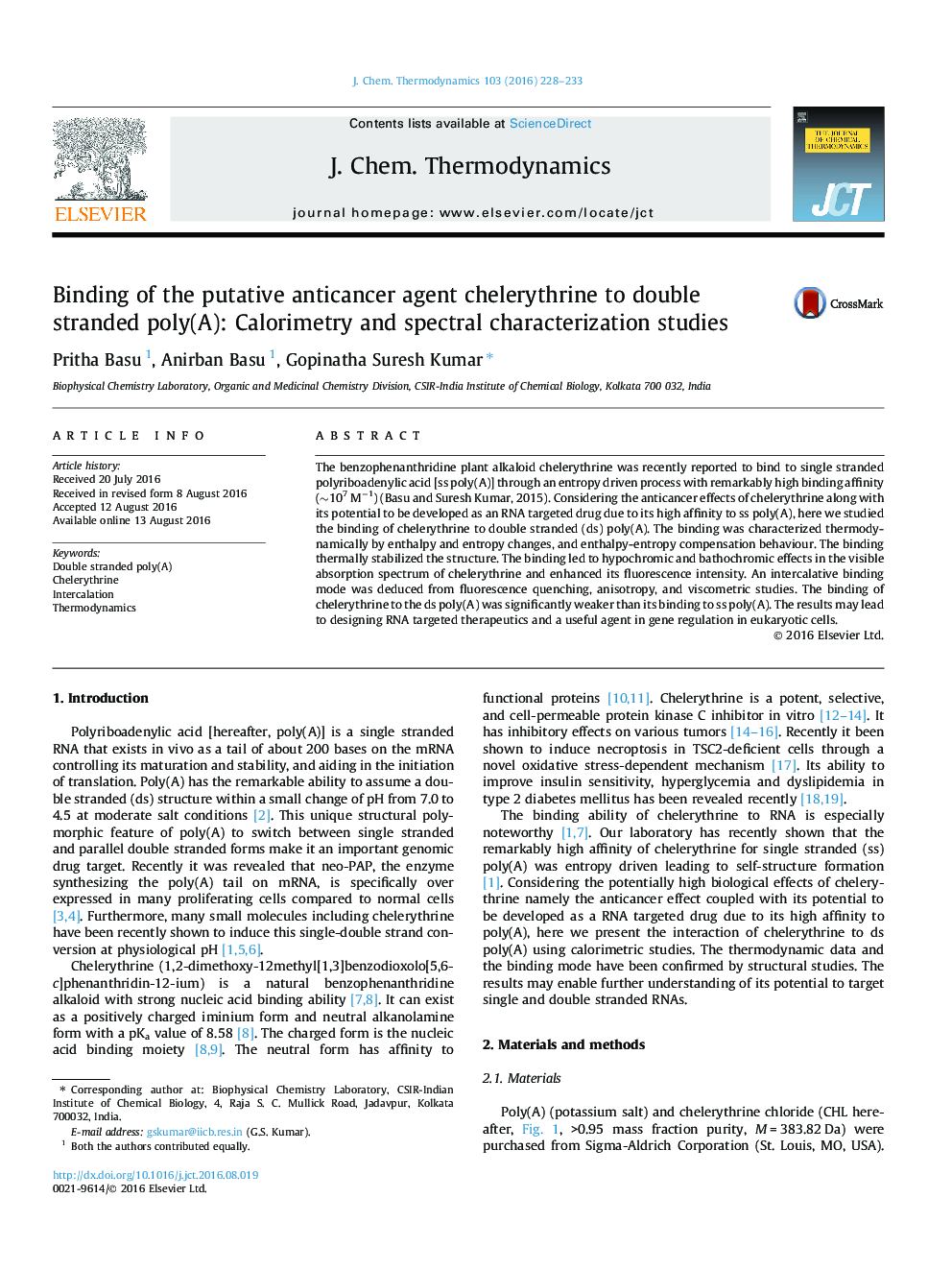 Binding of the putative anticancer agent chelerythrine to double stranded poly(A): Calorimetry and spectral characterization studies