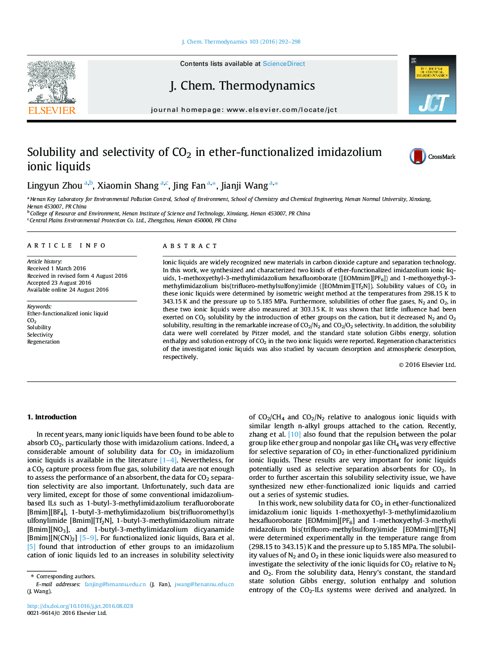 عکس صفحه اول مقاله: Solubility and selectivity of CO2 in ether-functionalized imidazolium ionic liquids Solubility and selectivity of CO2 in ether-functionalized imidazolium ionic liquids