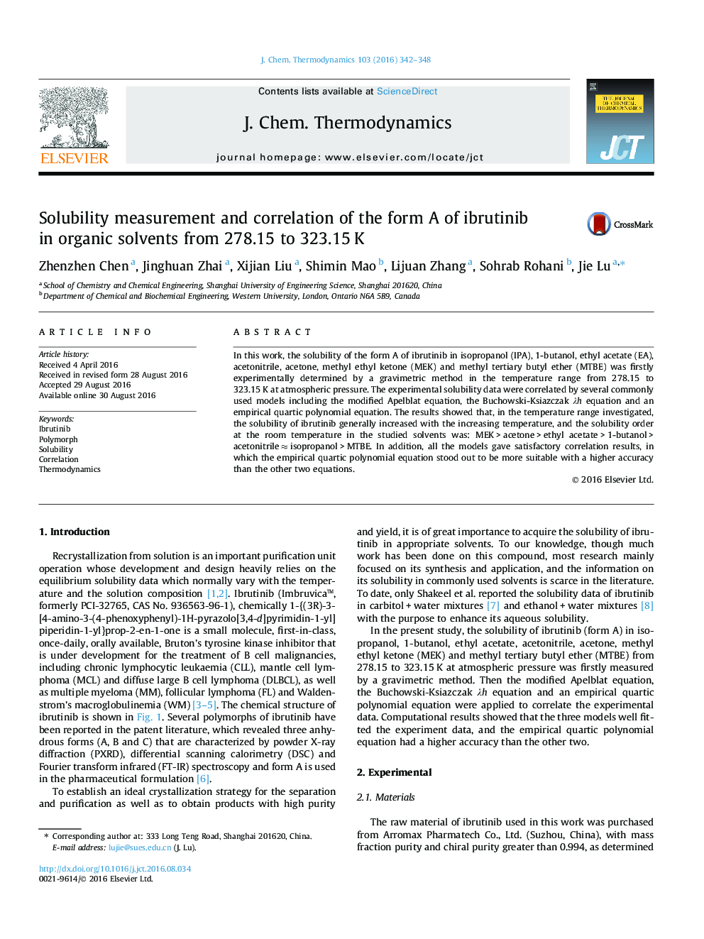 عکس صفحه اول مقاله: Solubility measurement and correlation of the form A of ibrutinib in organic solvents from 278.15 to 323.15 K Solubility measurement and correlation of the form A of ibrutinib in organic solvents from 278.15 to 323.15 K