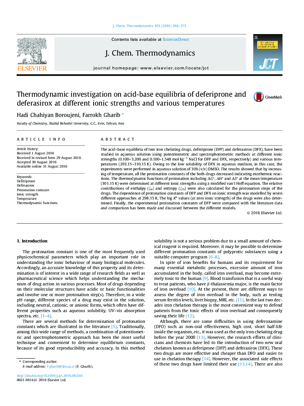 Thermodynamic investigation on acid-base equilibria of deferiprone and deferasirox at different ionic strengths and various temperatures