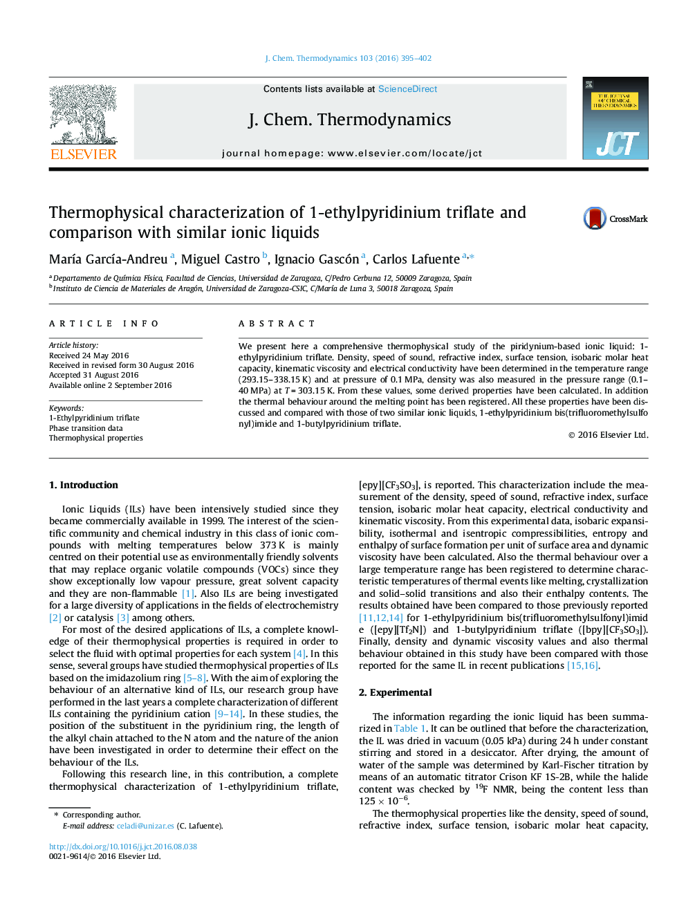 عکس صفحه اول مقاله: Thermophysical characterization of 1-ethylpyridinium triflate and comparison with similar ionic liquids Thermophysical characterization of 1-ethylpyridinium triflate and comparison with similar ionic liquids