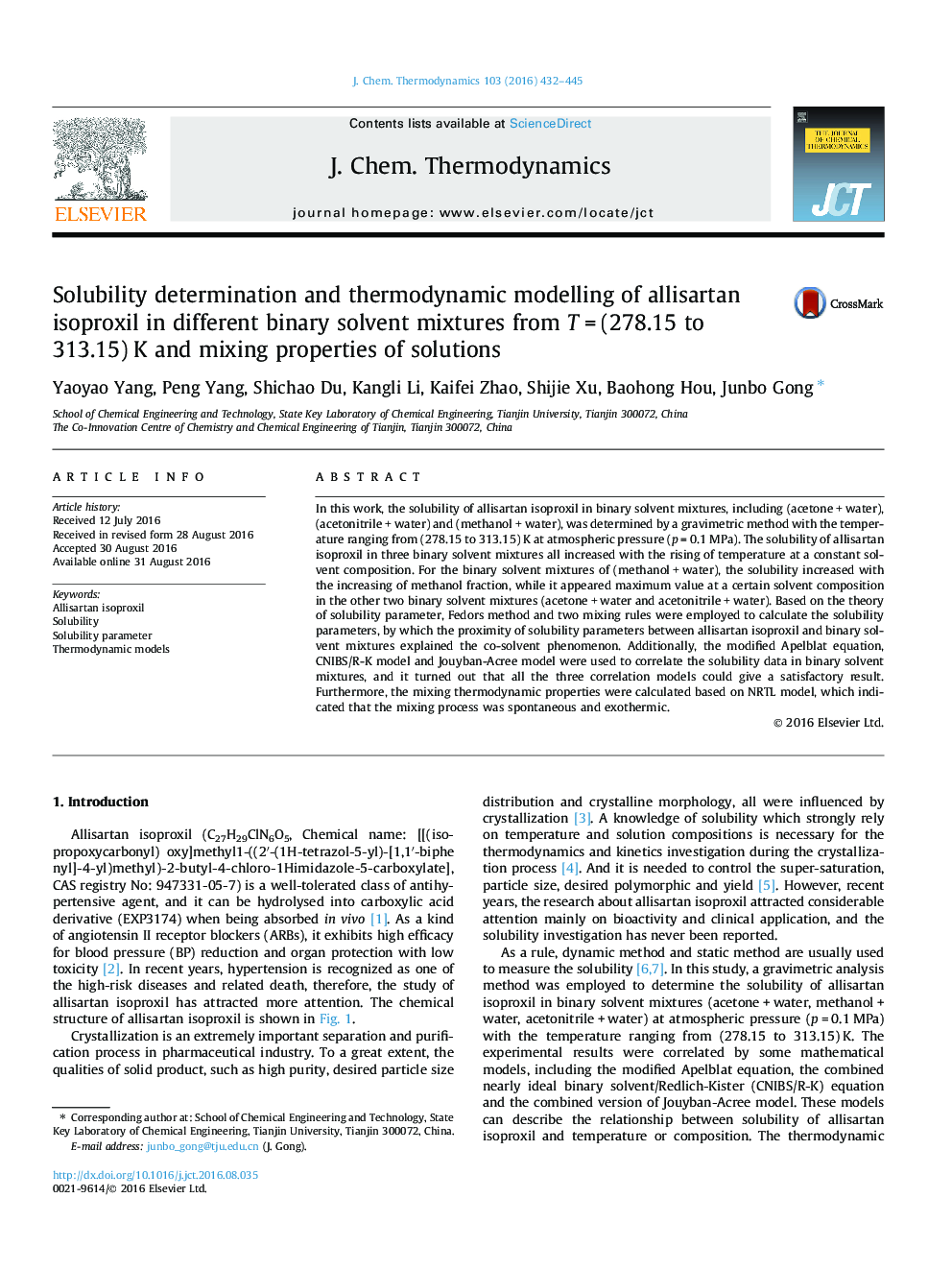 Solubility determination and thermodynamic modelling of allisartan isoproxil in different binary solvent mixtures from TÂ =Â (278.15 to 313.15)Â K and mixing properties of solutions