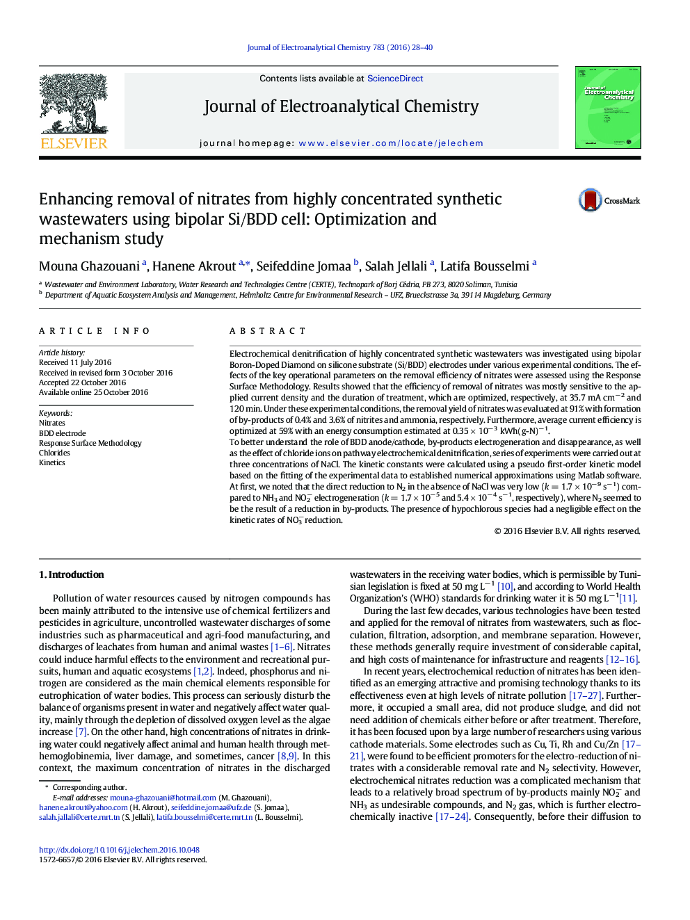 Enhancing removal of nitrates from highly concentrated synthetic wastewaters using bipolar Si/BDD cell: Optimization and mechanism study