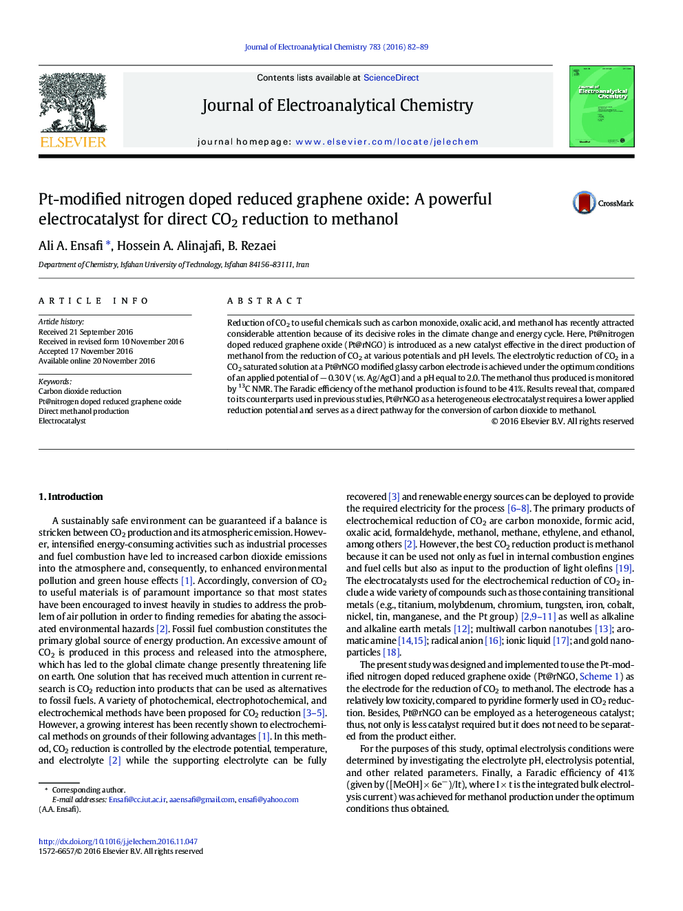 Pt-modified nitrogen doped reduced graphene oxide: A powerful electrocatalyst for direct CO2 reduction to methanol