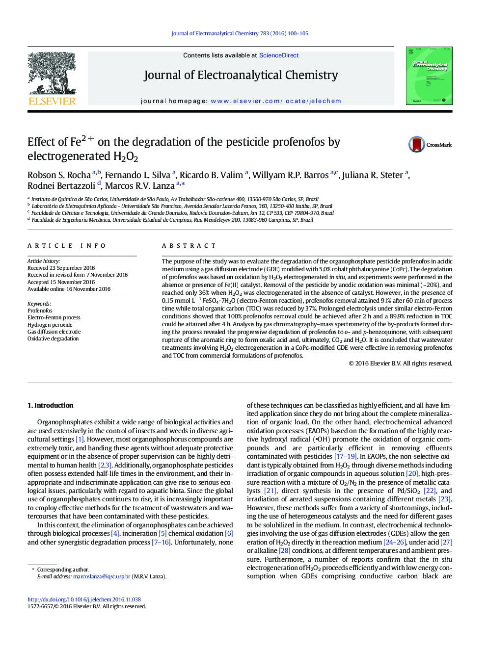 عکس صفحه اول مقاله: Effect of Fe2 + on the degradation of the pesticide profenofos by electrogenerated H2O2 Effect of Fe2 + on the degradation of the pesticide profenofos by electrogenerated H2O2