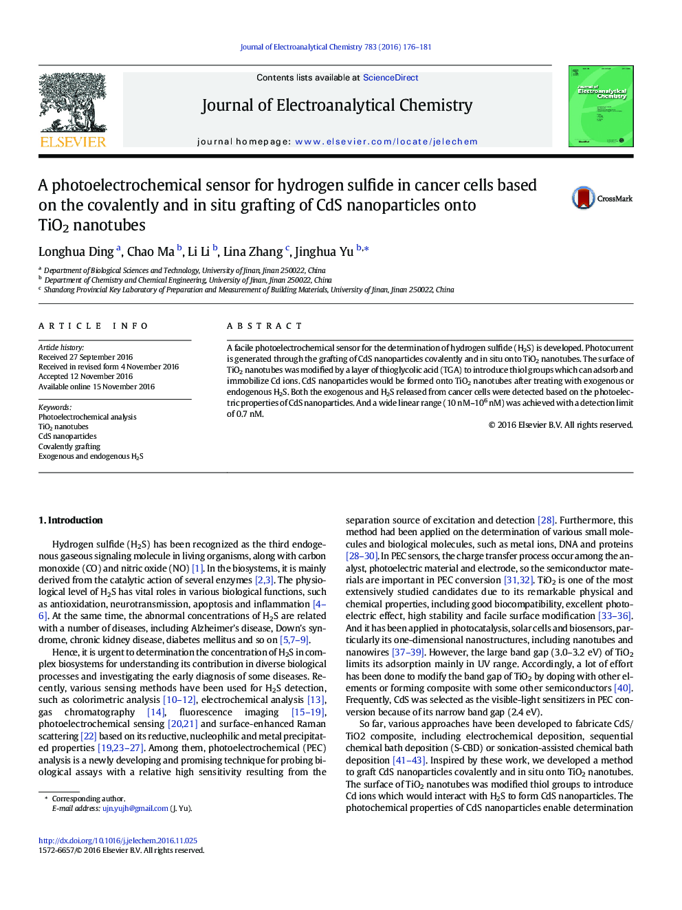 A photoelectrochemical sensor for hydrogen sulfide in cancer cells based on the covalently and in situ grafting of CdS nanoparticles onto TiO2 nanotubes