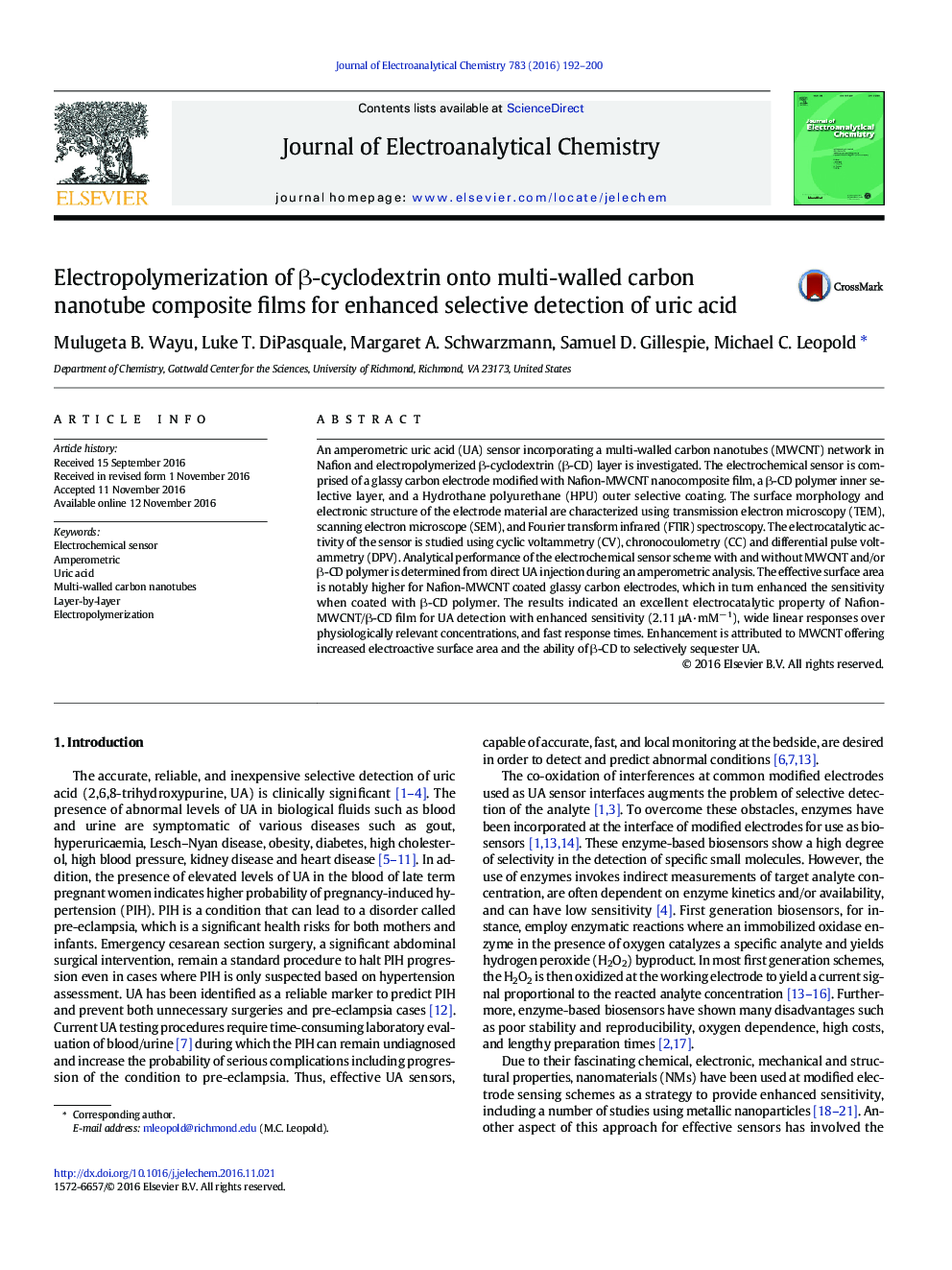 Electropolymerization of β-cyclodextrin onto multi-walled carbon nanotube composite films for enhanced selective detection of uric acid