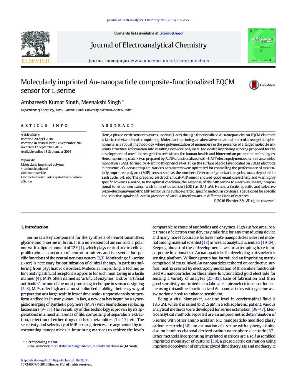 Molecularly imprinted Au-nanoparticle composite-functionalized EQCM sensor for l-serine
