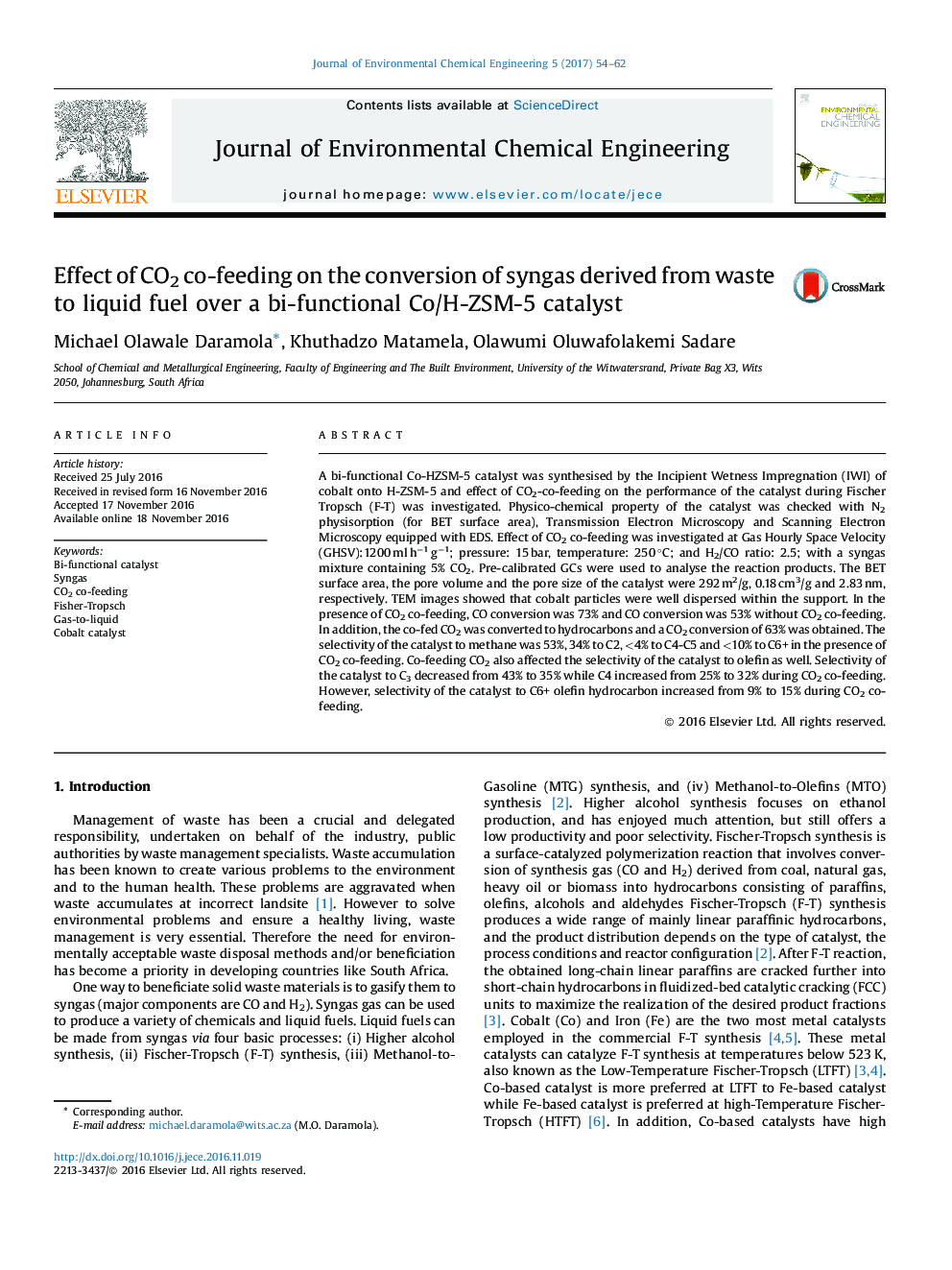 Effect of CO2 co-feeding on the conversion of syngas derived from waste to liquid fuel over a bi-functional Co/H-ZSM-5 catalyst