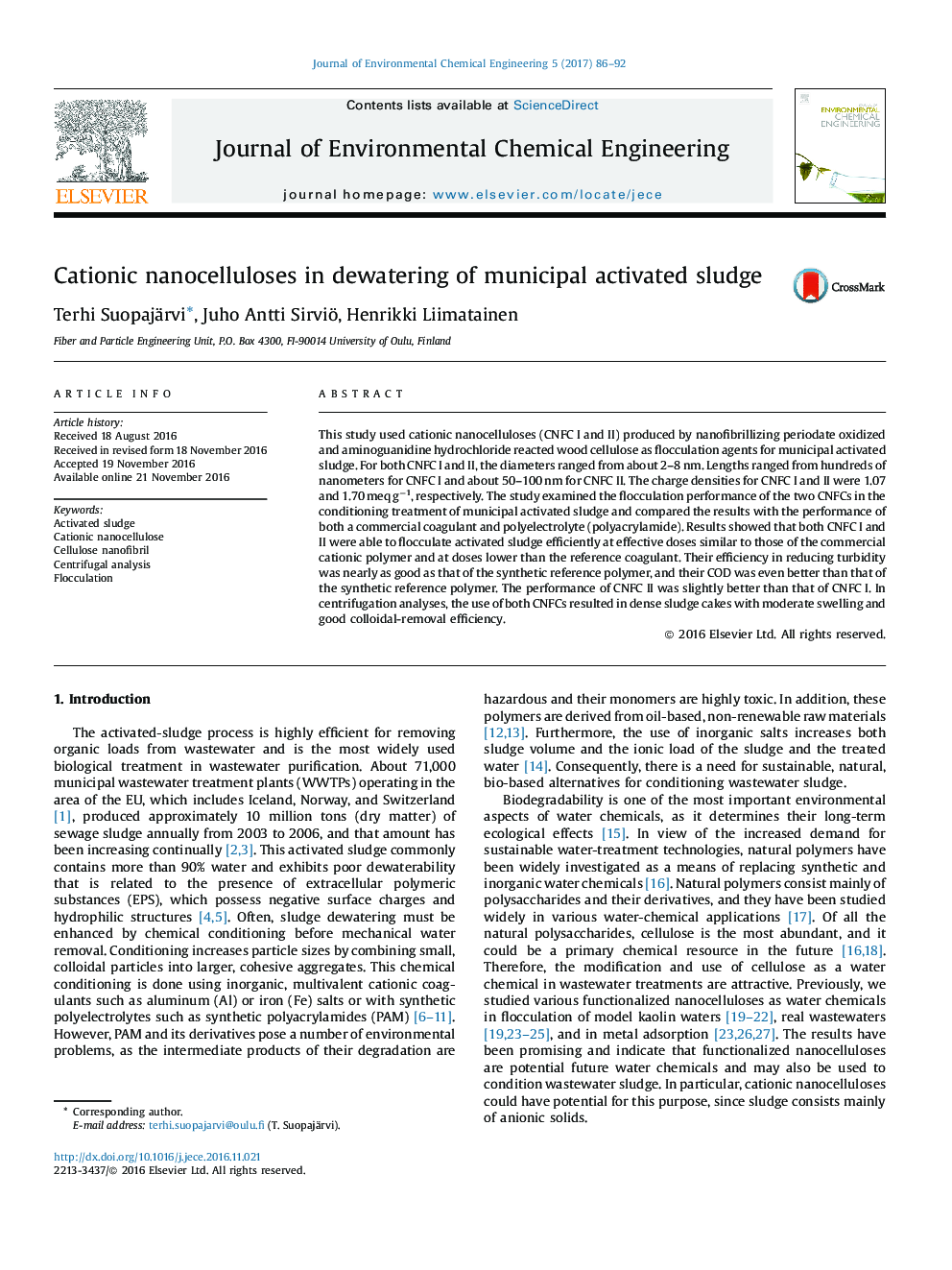 Cationic nanocelluloses in dewatering of municipal activated sludge