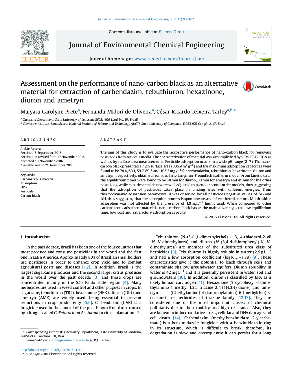 Assessment on the performance of nano-carbon black as an alternative material for extraction of carbendazim, tebuthiuron, hexazinone, diuron and ametryn