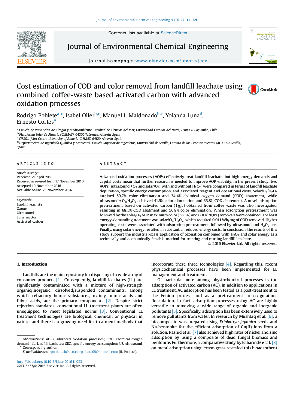 Cost estimation of COD and color removal from landfill leachate using combined coffee-waste based activated carbon with advanced oxidation processes