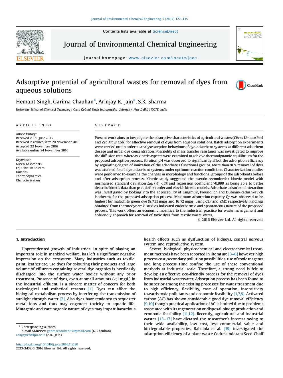 Adsorptive potential of agricultural wastes for removal of dyes from aqueous solutions