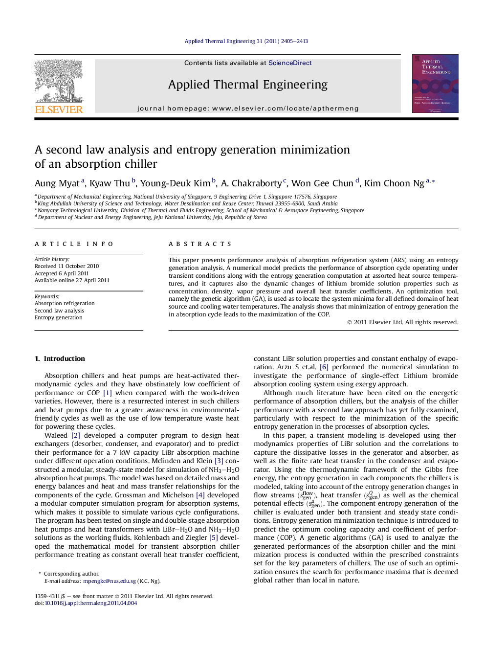عکس صفحه اول مقاله: A second law analysis and entropy generation minimization of an absorption chiller A second law analysis and entropy generation minimization of an absorption chiller