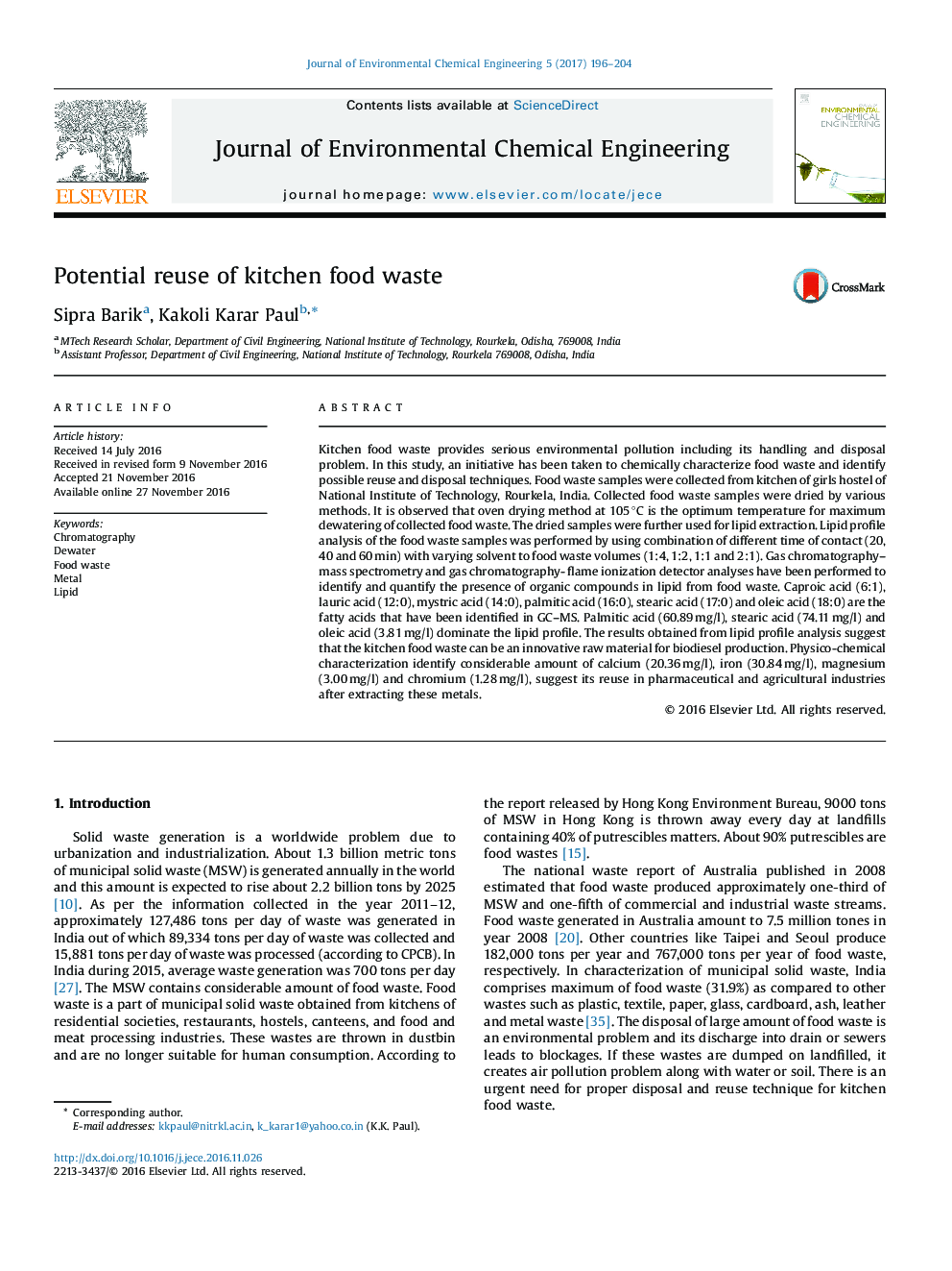 Potential reuse of kitchen food waste