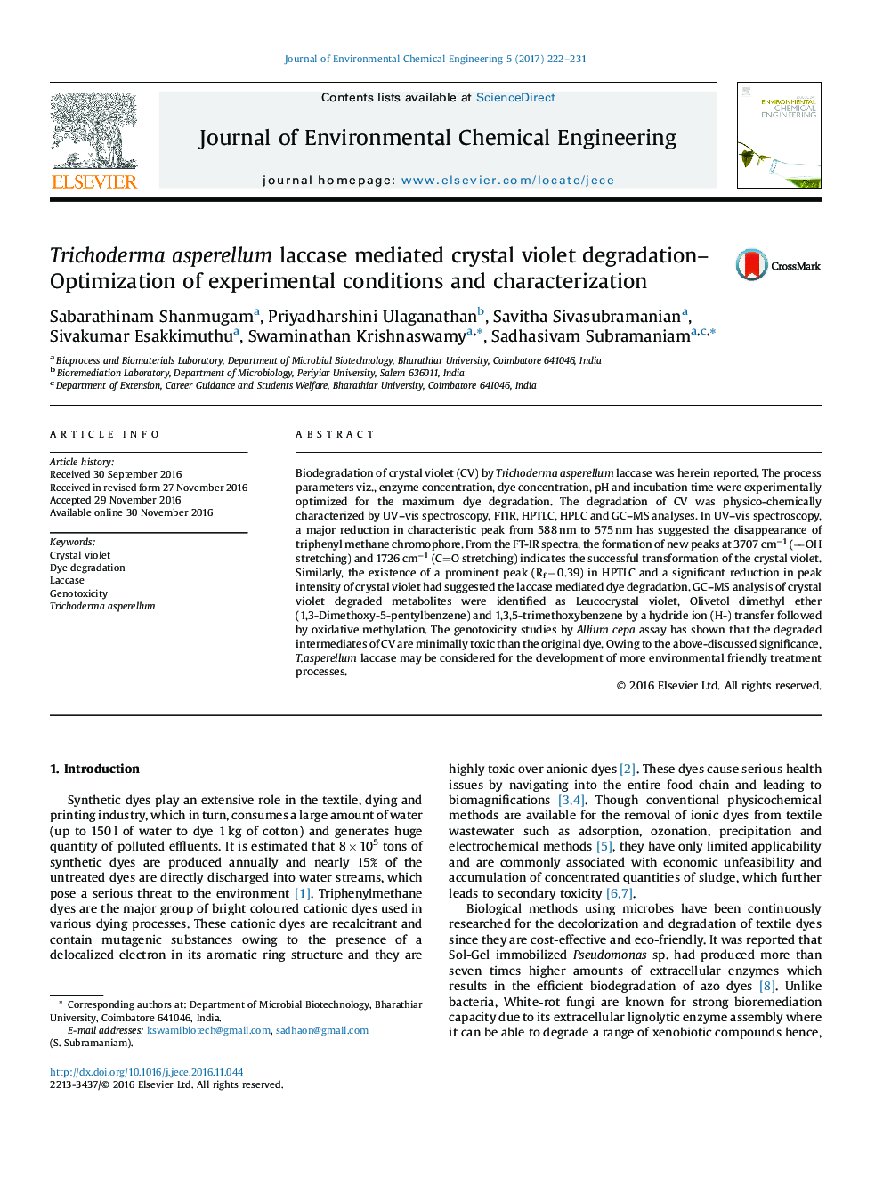 Trichoderma asperellum laccase mediated crystal violet degradation-Optimization of experimental conditions and characterization