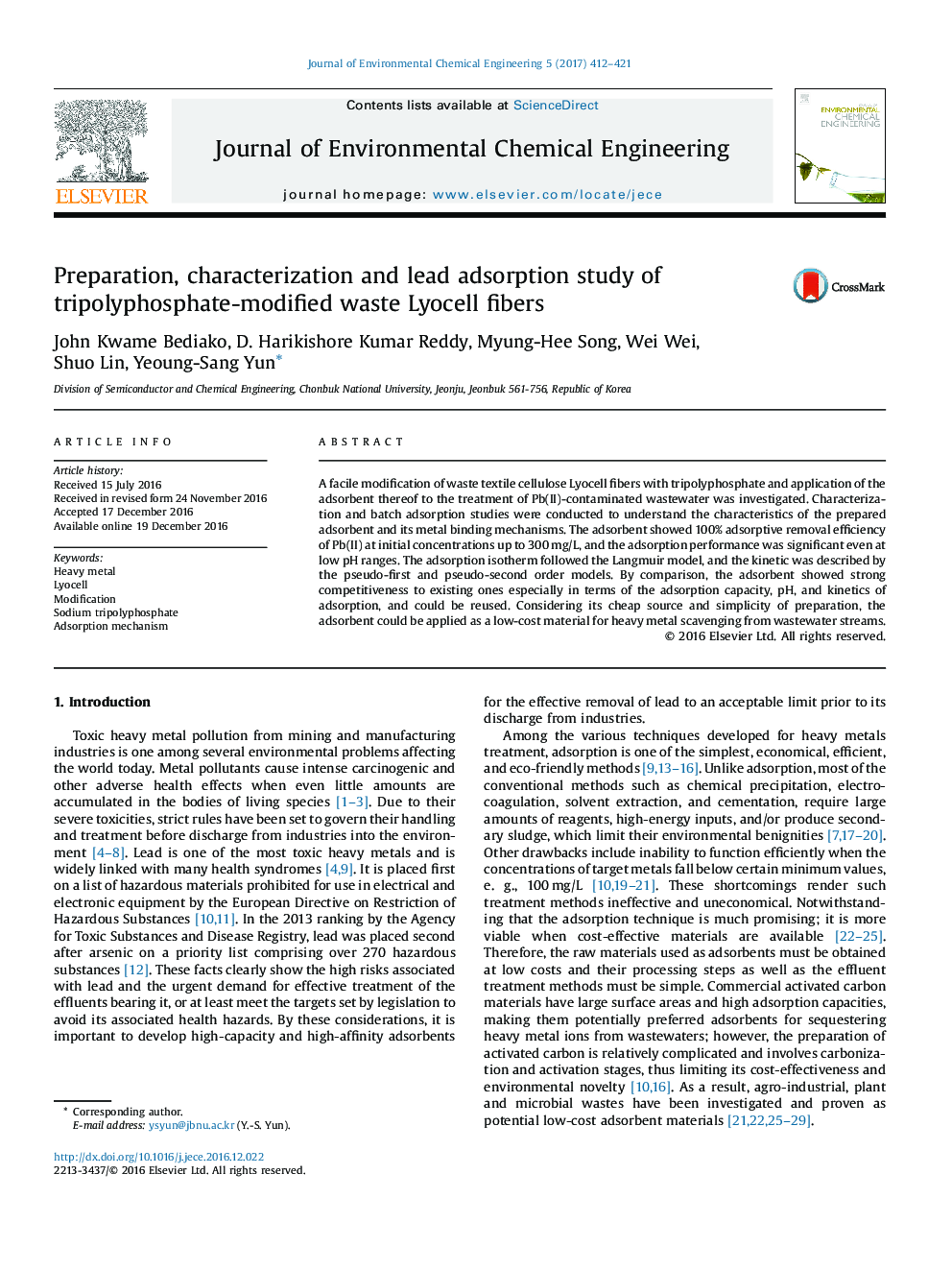 Preparation, characterization and lead adsorption study of tripolyphosphate-modified waste Lyocell fibers