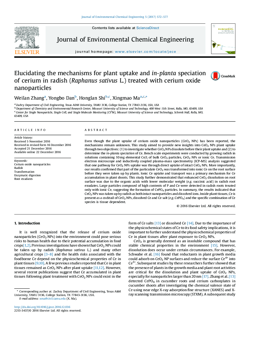 Elucidating the mechanisms for plant uptake and in-planta speciation of cerium in radish (Raphanus sativus L.) treated with cerium oxide nanoparticles