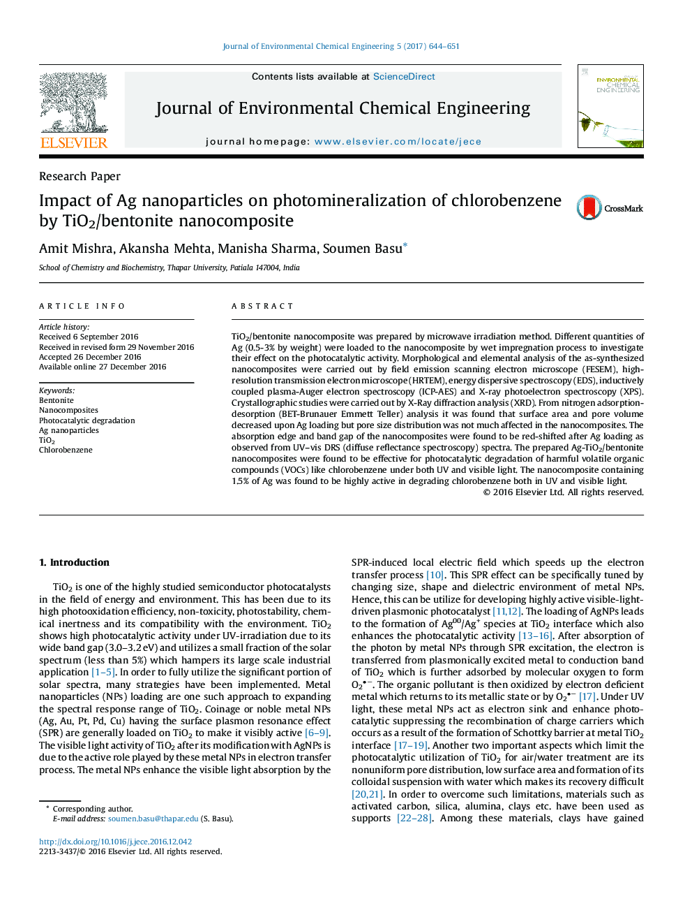 Impact of Ag nanoparticles on photomineralization of chlorobenzene by TiO2/bentonite nanocomposite