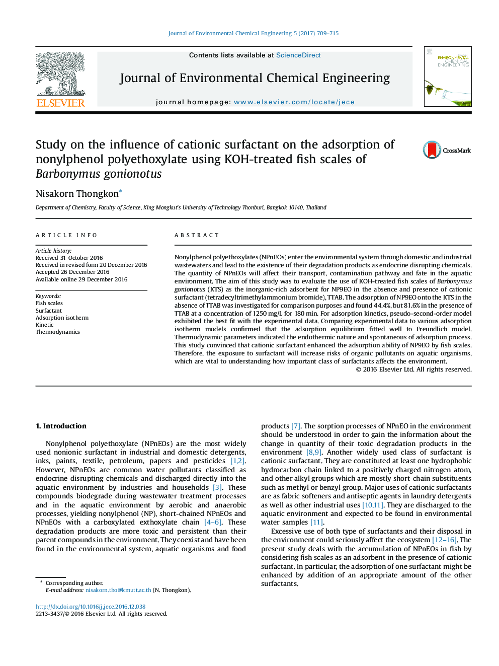 Study on the influence of cationic surfactant on the adsorption of nonylphenol polyethoxylate using KOH-treated fish scales of Barbonymus gonionotus