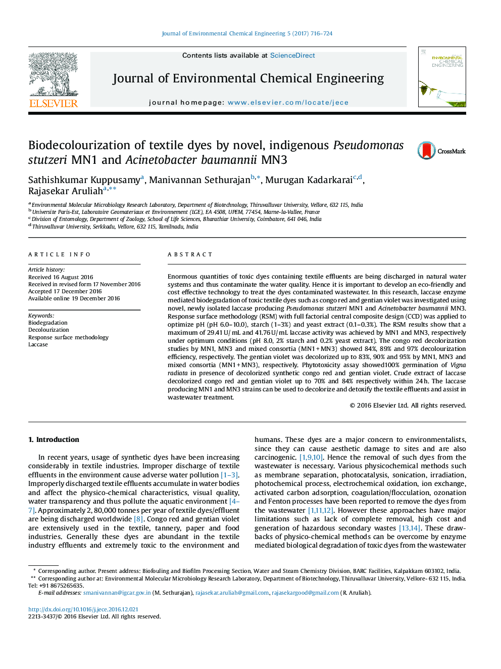 Biodecolourization of textile dyes by novel, indigenous Pseudomonas stutzeri MN1 and Acinetobacter baumannii MN3