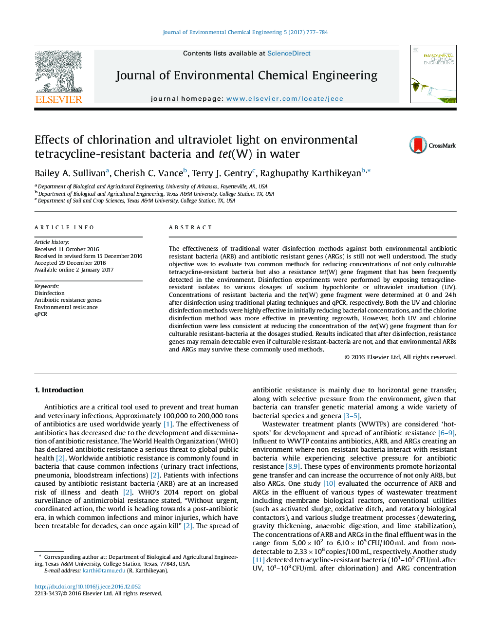 Effects of chlorination and ultraviolet light on environmental tetracycline-resistant bacteria and tet(W) in water