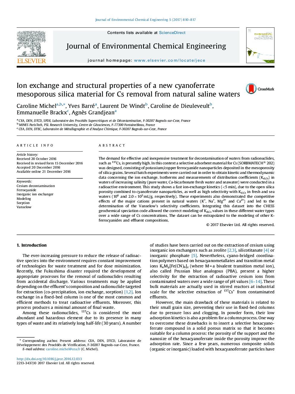 Ion exchange and structural properties of a new cyanoferrate mesoporous silica material for Cs removal from natural saline waters