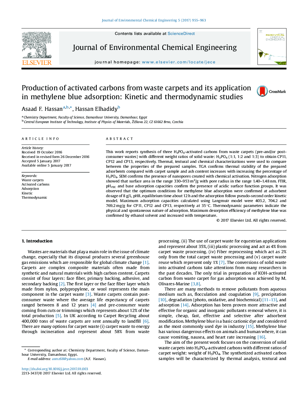 Production of activated carbons from waste carpets and its application in methylene blue adsorption: Kinetic and thermodynamic studies