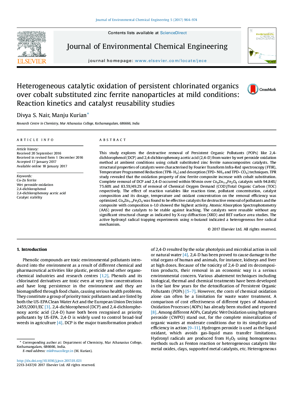 Heterogeneous catalytic oxidation of persistent chlorinated organics over cobalt substituted zinc ferrite nanoparticles at mild conditions: Reaction kinetics and catalyst reusability studies