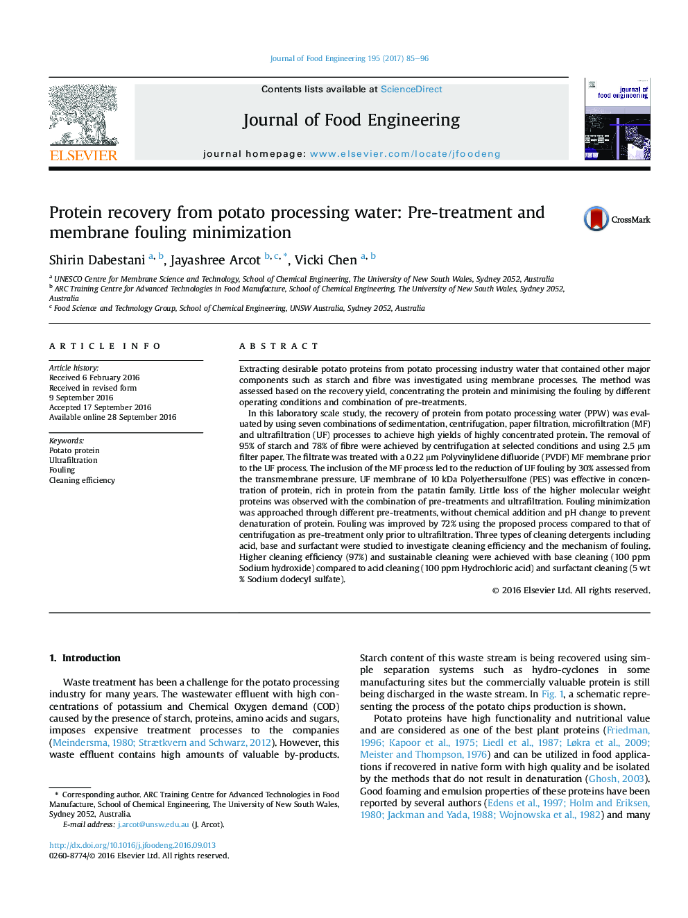 Protein recovery from potato processing water: Pre-treatment and membrane fouling minimization