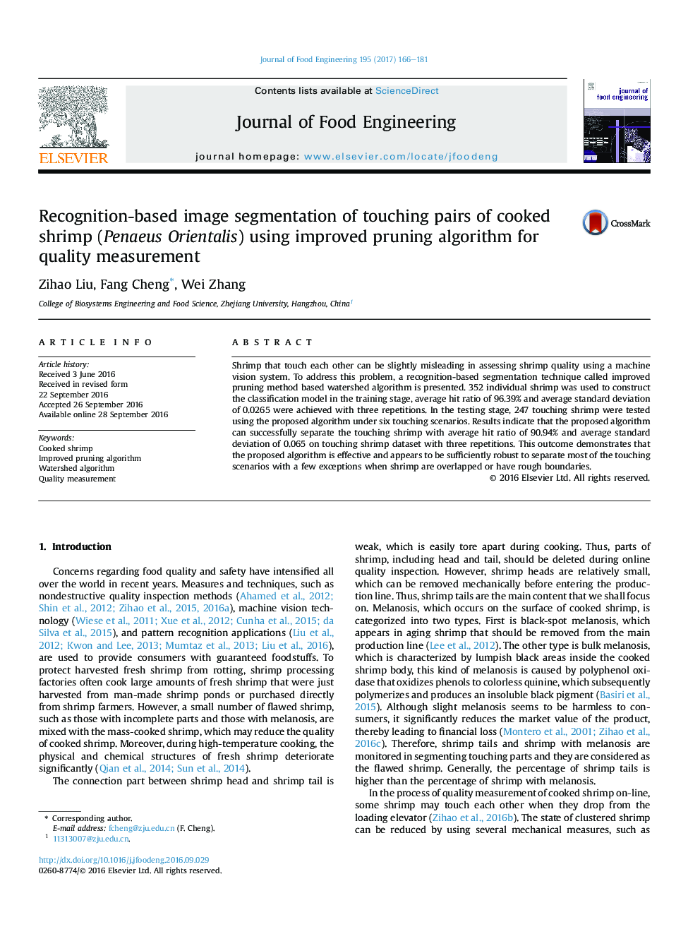 Recognition-based image segmentation of touching pairs of cooked shrimp (Penaeus Orientalis) using improved pruning algorithm for quality measurement