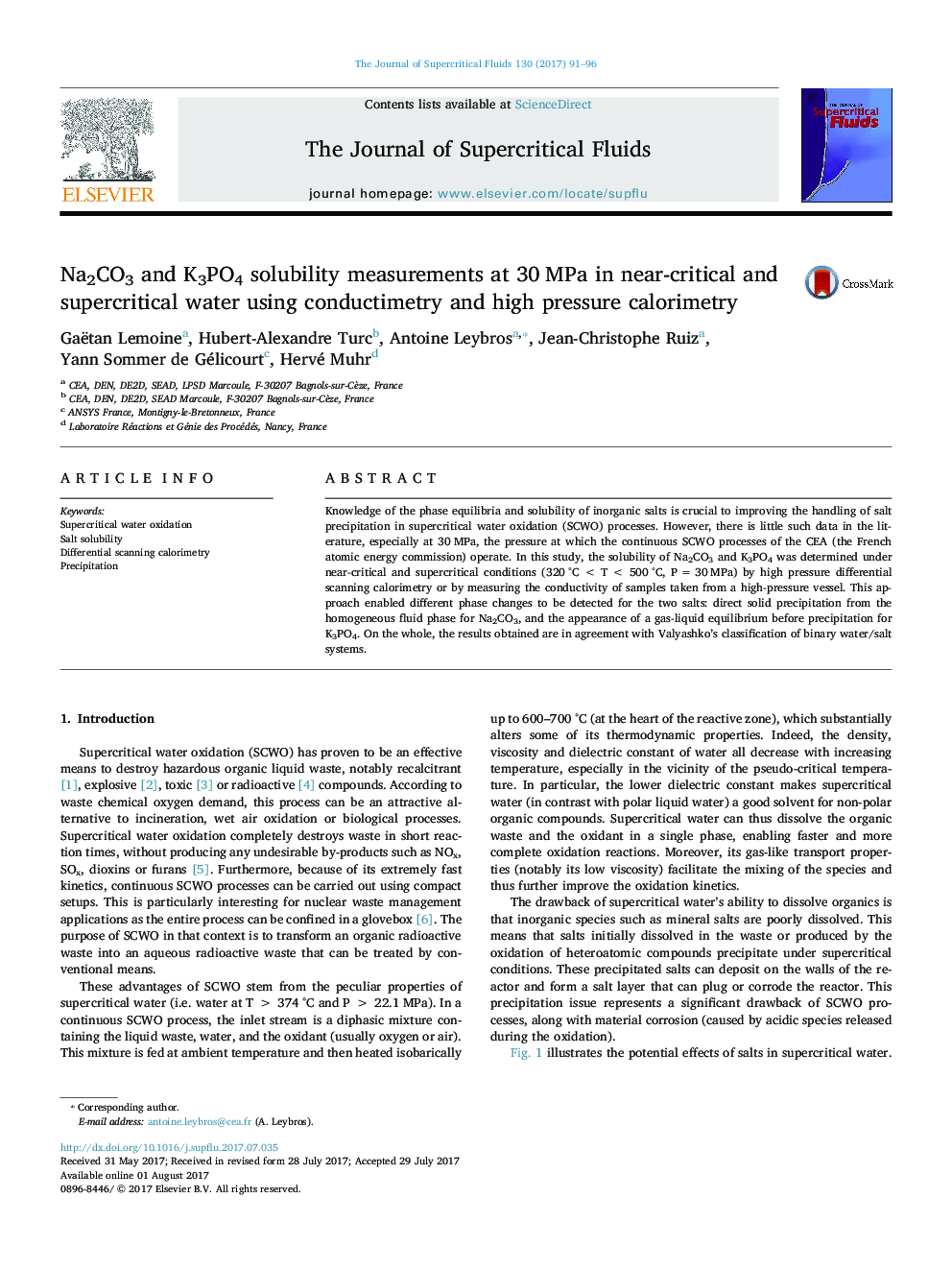 Na2CO3 and K3PO4 solubility measurements at 30 MPa in near-critical and supercritical water using conductimetry and high pressure calorimetry