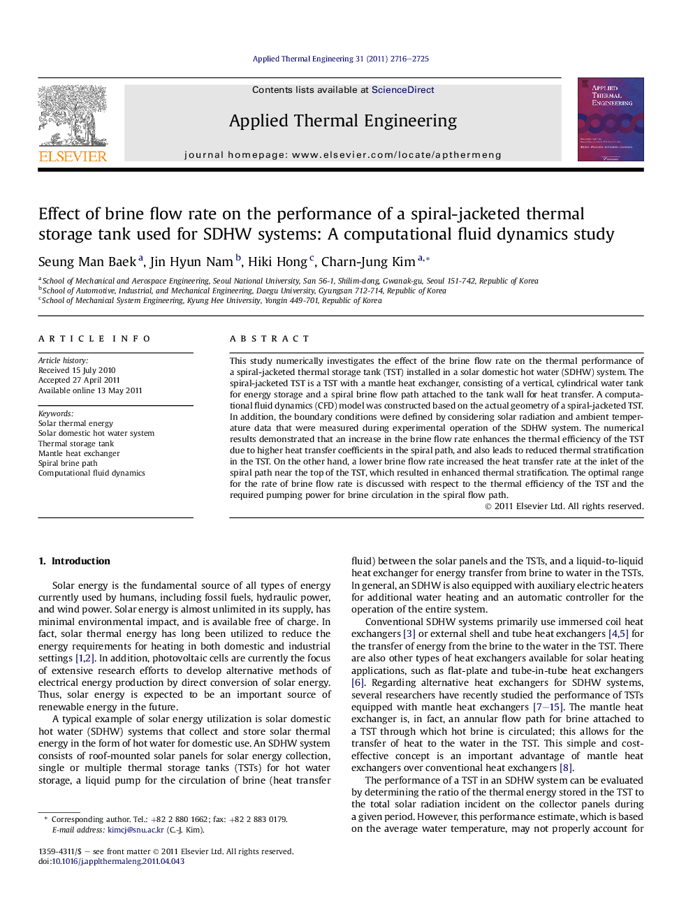 Effect of brine flow rate on the performance of a spiral-jacketed thermal storage tank used for SDHW systems: A computational fluid dynamics study