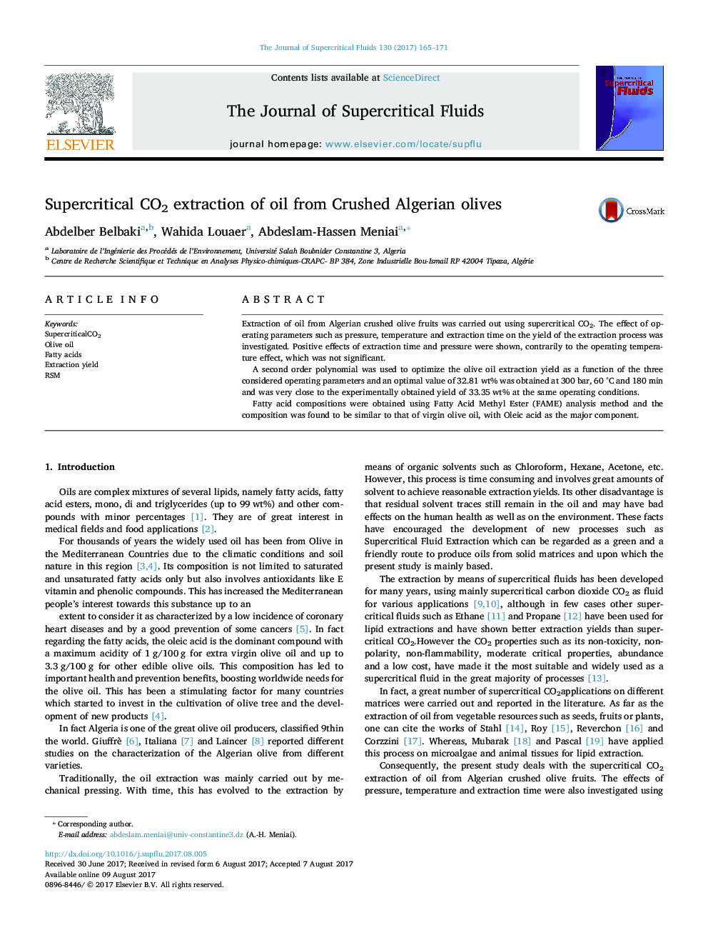 Supercritical CO2 extraction of oil from Crushed Algerian olives