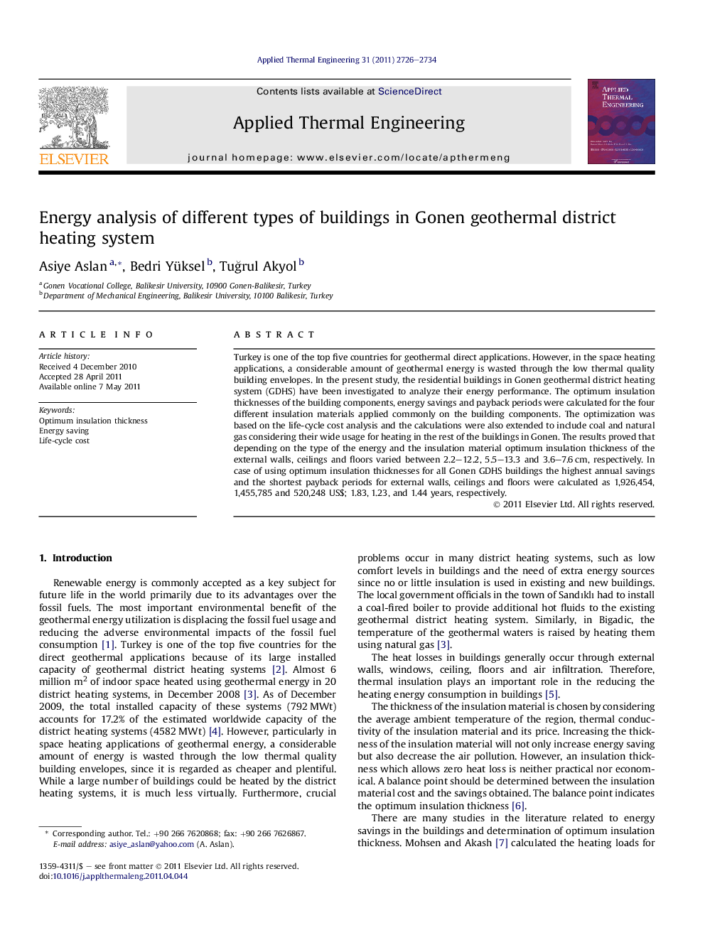 Energy analysis of different types of buildings in Gonen geothermal district heating system