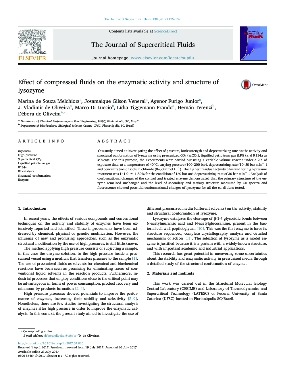 Effect of compressed fluids on the enzymatic activity and structure of lysozyme