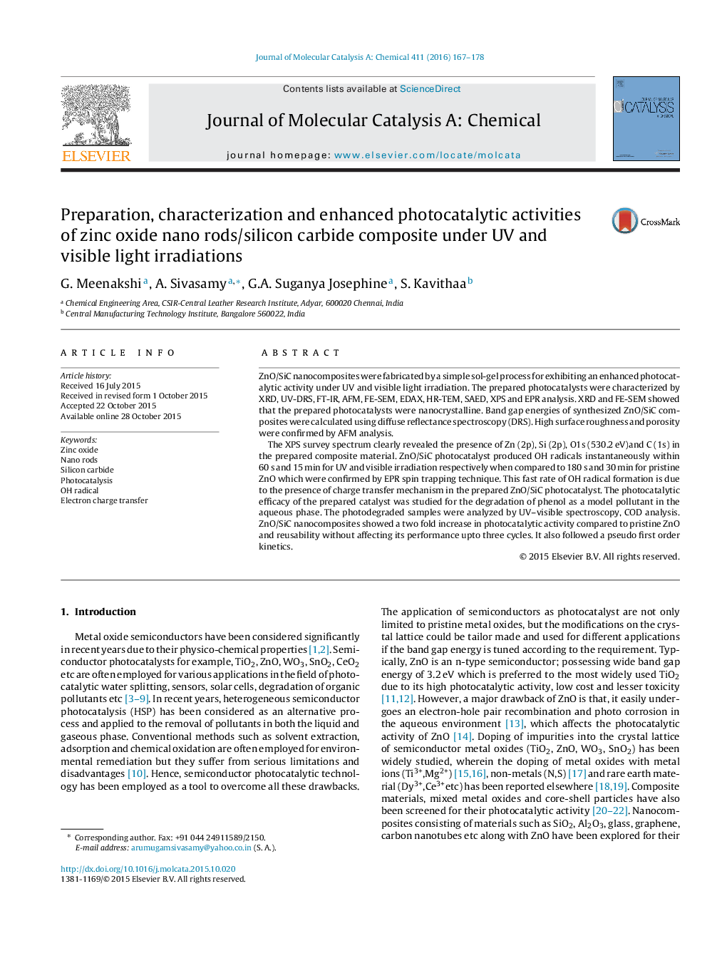 عکس صفحه اول مقاله: Preparation, characterization and enhanced photocatalytic activities of zinc oxide nano rods/silicon carbide composite under UV and visible light irradiations Preparation, characterization and enhanced photocatalytic activities of zinc oxide nano rods/silicon carbide composite under UV and visible light irradiations