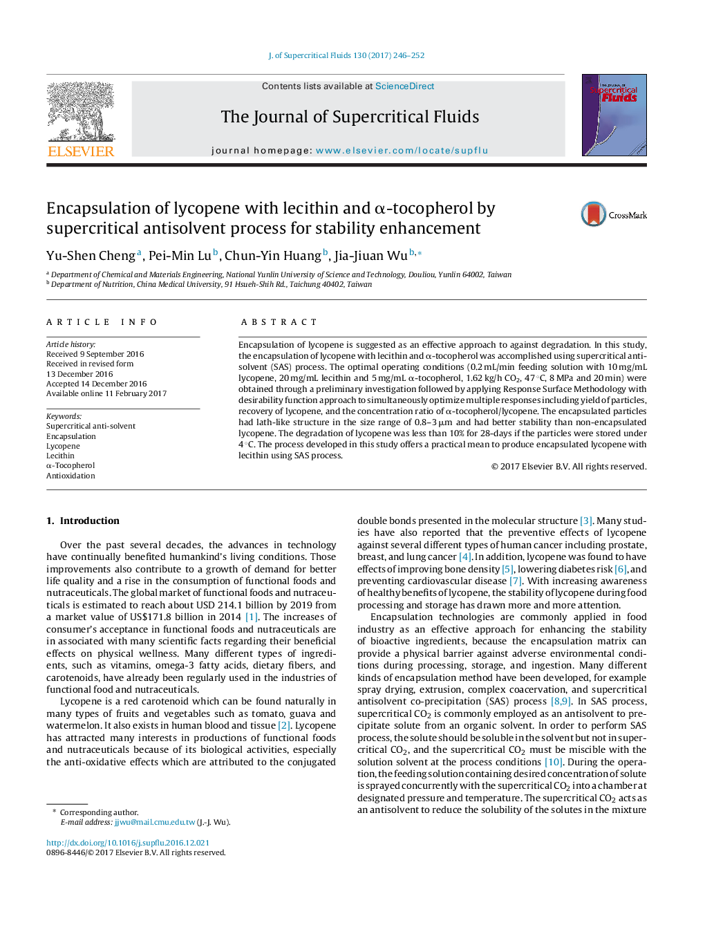 Encapsulation of lycopene with lecithin and Î±-tocopherol by supercritical antisolvent process for stability enhancement