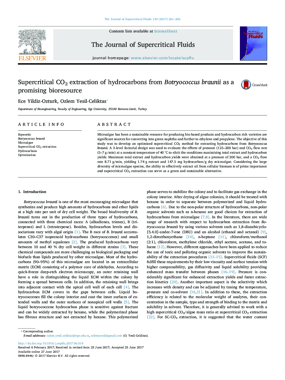 Supercritical CO2 extraction of hydrocarbons from Botryococcus braunii as a promising bioresource