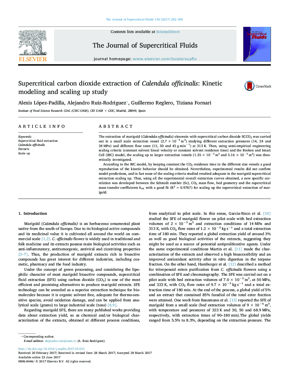 Supercritical carbon dioxide extraction of Calendula officinalis: Kinetic modeling and scaling up study